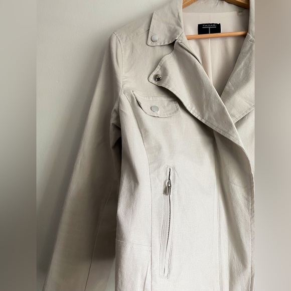 Tahari Linen Gray Moto Dual Zip Up Jacket Collard Utility Motocycle Western L - Picture 6 of 10